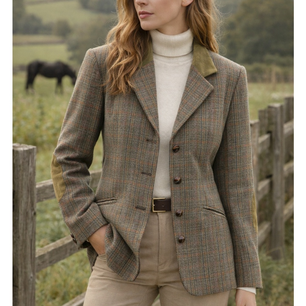 CHARLES KLEIN Tweed Blazer Jacket with Suede Elbow Patches Size 10